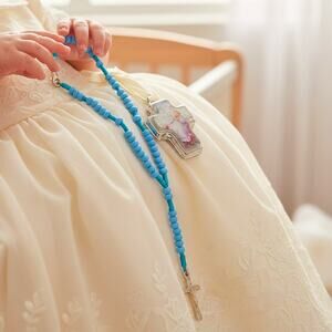 Vintage Baby Baptism Rosary Necklace Cross Keepsake Box Blue